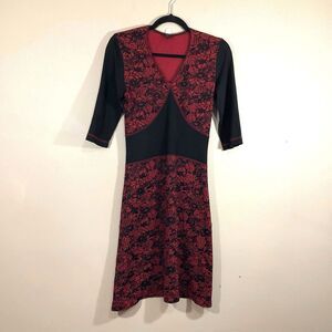 Karkass Womens Goth Floral V-Neck Midi Dress M Red Black Vamp Grunge Witchy